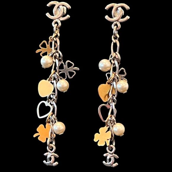 CHANEL 
Pearl CC Charm Chain Drop Earrings Silver Gold - Picture 5 of 7